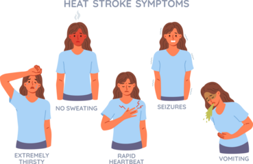 Symptoms of heat stroke are demonstrated by woman with flushed face or elevated temperature. Infographics showing different reactions after heat stroke resulting from prolonged exposure to sun