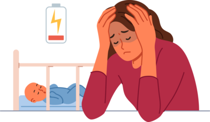Single mother experiences postpartum depression and suffers from lack of energy to raise son. Problem of postpartum depression in sad young girl sitting near crib with sleeping baby