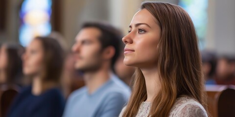 Focused woman attending an event, surrounded by people, listening thoughtfully.