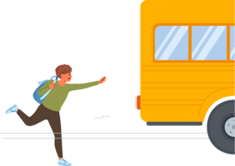 Boy who is late for school bus with backpack on back runs and screams loudly to make it to class. Child was late for school transport due to problems with self-discipline or parental oversight