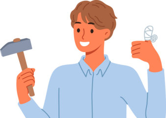 Man injured finger using hammer to drive nail, shows thumbs up and reports that everything is OK. Young guy has finger injury with bandages applied to stop bleeding and avoid infection