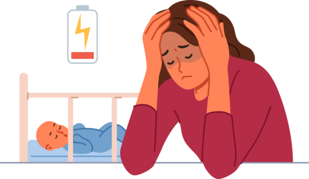 Single mother experiences postpartum depression and suffers from lack of energy to raise son. Problem of postpartum depression in sad young girl sitting near crib with sleeping baby