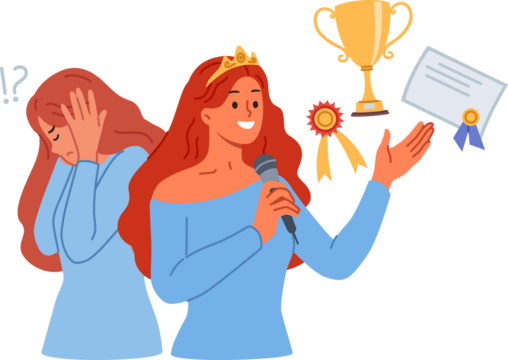 Woman with impostor syndrome experiences stress despite having victories and achievements in life. Psychological problems and impostor syndrome in girl standing near cup and certificate