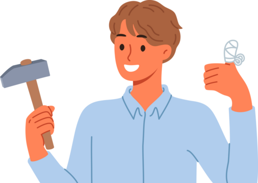 Man injured finger using hammer to drive nail, shows thumbs up and reports that everything is OK. Young guy has finger injury with bandages applied to stop bleeding and avoid infection