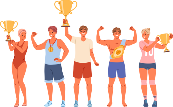 Several athletes with gold cups and medals boast of achievements and trophies received at international olympics. Successful sportsmen with trophies for winning team running or swimming tournament
