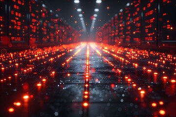 Obraz premium Futuristic Data Center with Glowing Red Lights and Circuit Pattern