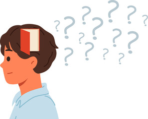 Memory problems in man standing near question marks with open door in head, symbolizing alzheimer disease. Guy experiences memory problems and suffers from onset of scoliosis and dementia at young age