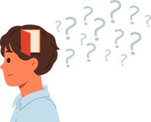 Memory problems in man standing near question marks with open door in head, symbolizing alzheimer disease. Guy experiences memory problems and suffers from onset of scoliosis and dementia at young age