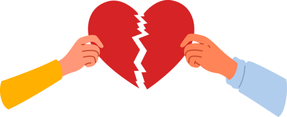Broken heart symbolizing separation and destruction of relationships in hands of people who have become victims of family quarrel. Couple shows broken heart after divorce and problems in marriage