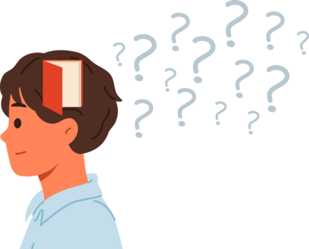 Memory problems in man standing near question marks with open door in head, symbolizing alzheimer disease. Guy experiences memory problems and suffers from onset of scoliosis and dementia at young age