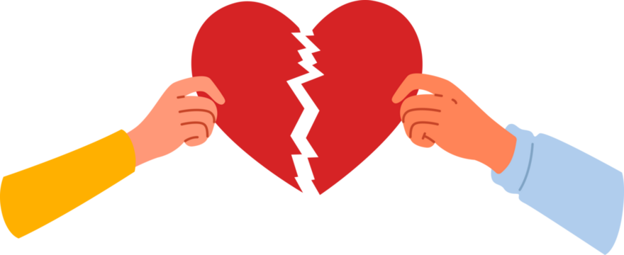 Broken heart symbolizing separation and destruction of relationships in hands of people who have become victims of family quarrel. Couple shows broken heart after divorce and problems in marriage