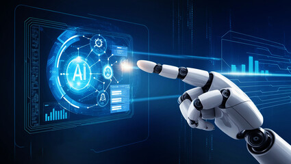 Futuristic Robot Hand Interacting with Holographic Data Web Generative AI