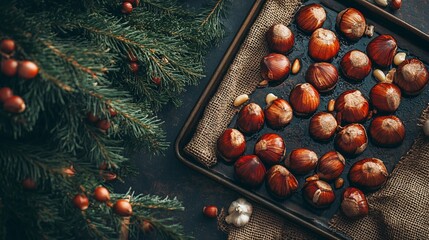 Roasted chestnuts on a baking sheet, isolated on a rough burlap background, with decorative dried herbs and garlic cloves