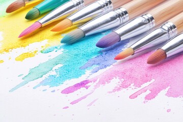 Obraz premium Colorful paintbrushes on a splash of watercolor vibrancy.