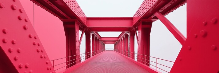 A perspective shot of an industrial red bridge with bold geometric patterns, showcasing strength and symmetry.