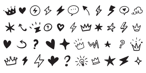set of hand drawn heart, crown stars icon collection