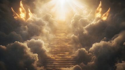 A majestic staircase rises through golden clouds towards a radiant light, symbolizing hope and spiritual journey