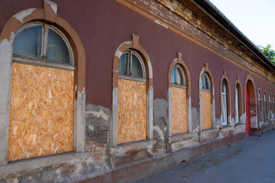boarded up window in Budapest