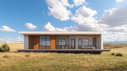 the exterior front view, a simple modern-style house with large windows and wooden accents on white walls. The structure is set in an open field surrounded by green grass under a blue sky