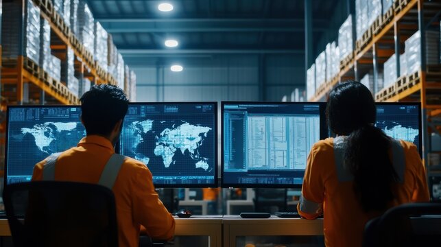 Indian Logistics Team Analyzing Inventory Data on Dual Monitors in a Warehouse Setting