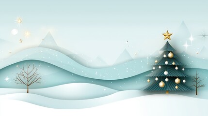 Stylish holiday design featuring a minimalist Christmas tree adorned with gold and white ornaments, complemented by playful abstract geometric shapes on a soothing pastel background