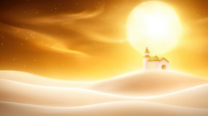 a golden grace  moon postcard with a castle perched on a hill, bathed in soft moonlight and framed by swirling mist, evoking a peaceful ambiance.