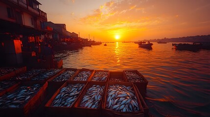 Sunset over Fishing Boats and a Fish Market