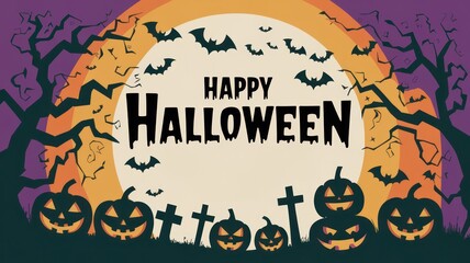 Colorful Halloween scene with pumpkins, bats, and a spooky moon, perfect for festive greetings.