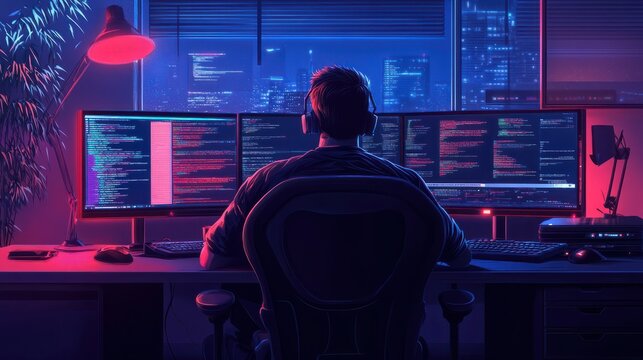 Late-Night Software Developer Working in Dark Office
