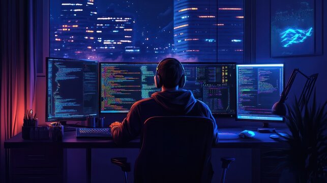 Late-Night Software Developer Working in Dark Office