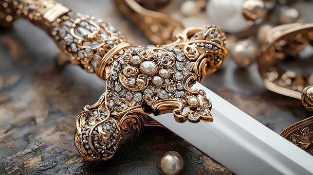 A closeup of a gold sword hilt encrusted with jewels, gold sword, weapon of power