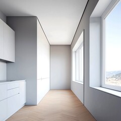 Obraz premium Modern minimalistic interior with white walls and large windows, bright space.