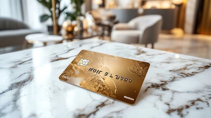 A gold credit card lying on a marble table, symbolizing luxury and financial power, gold credit card, wealth and status