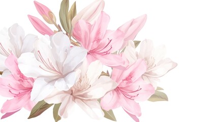 Naklejka premium A beautiful arrangement of pink and white flowers with green leaves on a light background.