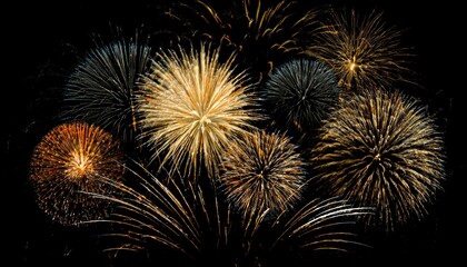 Obraz premium Beautiful illustration of colorful fireworks on plain black background. Colorful Fireworks in black sky background for New Year celebration concept. High quality illustration
