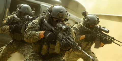 Fototapeta premium Soldiers advancing under helicopter during military operation