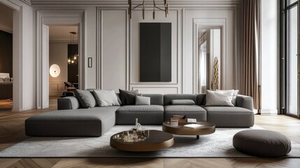 Elegant living room with a spacious gray sofa, decorative pillows, and contemporary decor pieces on a wooden floor