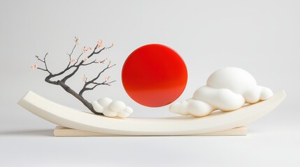 Fototapeta premium An exquisite display of soft sculptures that blend a radiant red sun with delicate clouds, artfully crafted in a vintage style to create a visually stunning piece.