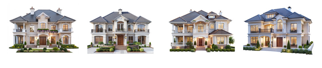 Four Homes with Landscaping and Green Lawns On Transparent Background.