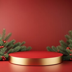 Festive display with a circular podium surrounded by evergreen branches and red decorations for holiday presentations.