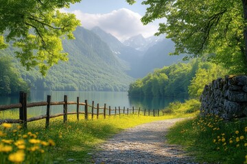 Fototapeta premium Serene pathway along a lake surrounded by mountains during a sunny day in a lush green landscape