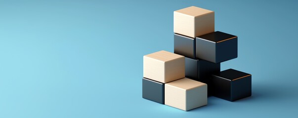 Obraz premium A modern arrangement of wooden blocks in beige and black colors, set against a pastel blue background, creating a minimalist aesthetic.