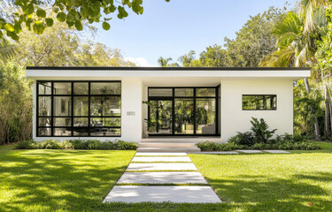 a small, one-story white home with black windows and a roof, featuring modern architecture in Miami Beach during the day. The lush, green backyard has a concrete walkway leading to the front door