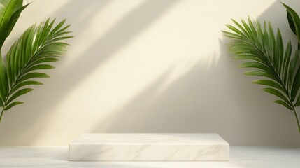 Fototapeta premium Minimalist display with a marble platform and lush green palm leaves against a soft neutral wall.