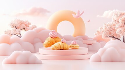 An artistic presentation  featuring a variety of  foods and golden croissants, elegantly placed on a dish with a vibrant, bright background.