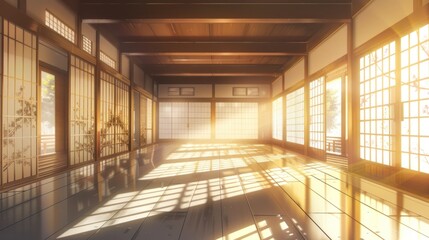 Japanese Room with Sunlight Streaming Through Sliding Doors