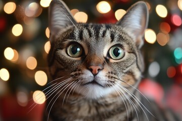 A joyful cat explores a festive Christmas tree adorned with colorful decorations. Generative AI