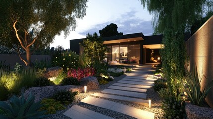 Obraz premium Front yard with illuminated pathway, modern landscape design featuring lush plants, structured garden beds, and soft lighting.