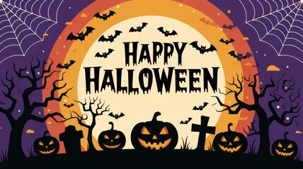 Spooky Halloween scene with pumpkins, bats, and haunted trees against a vibrant sunset backdrop.