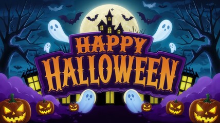 Spooky Halloween theme with ghosts, pumpkins, and a full moon lighting the night sky.